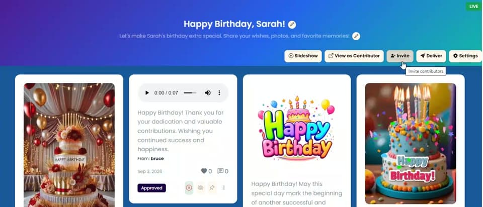 Invitations & Reminders on a VibeWall demo preview