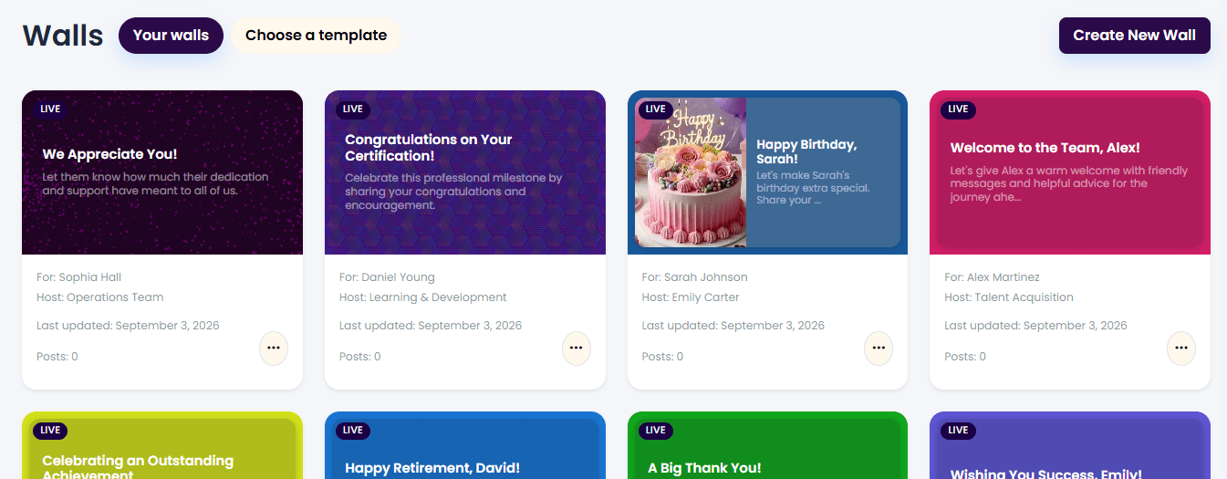 VibeVite Business Walls dashboard showing live and delivered employee recognition walls