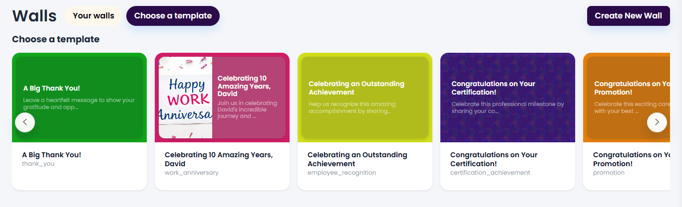 VibeVite Business Walls template gallery for employee celebrations and achievements
