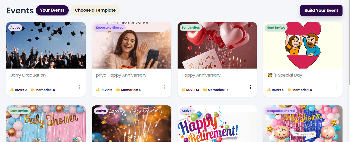 VibeVite Personal Events dashboard showing existing events and the option to create a new event