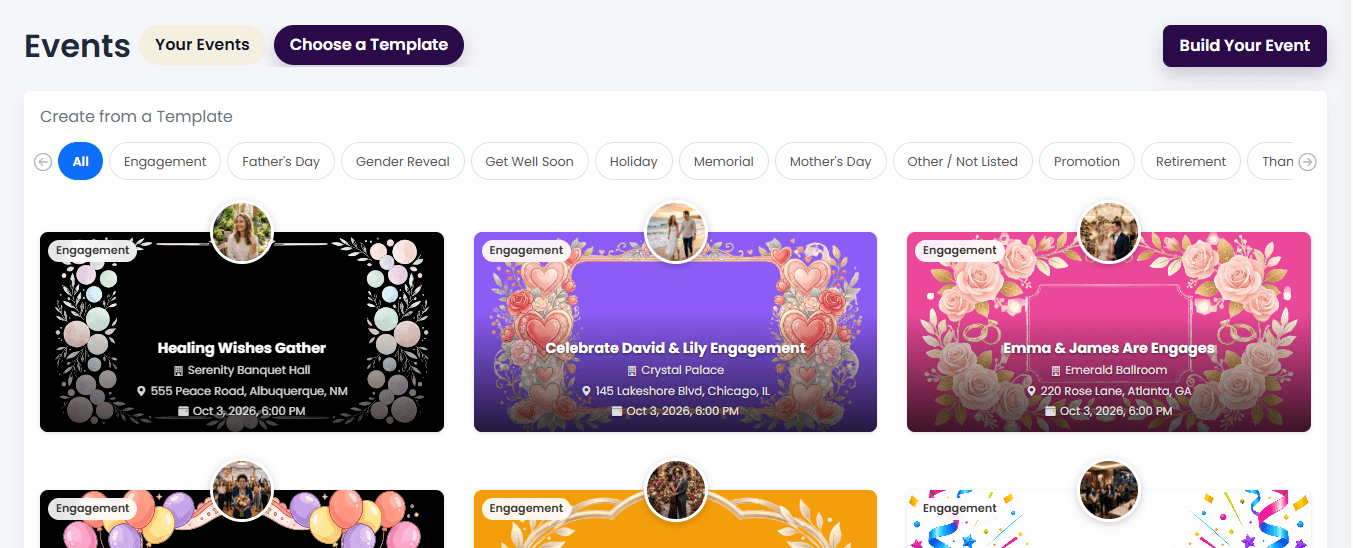 VibeVite Personal Events template gallery with occasion filters and invitation designs